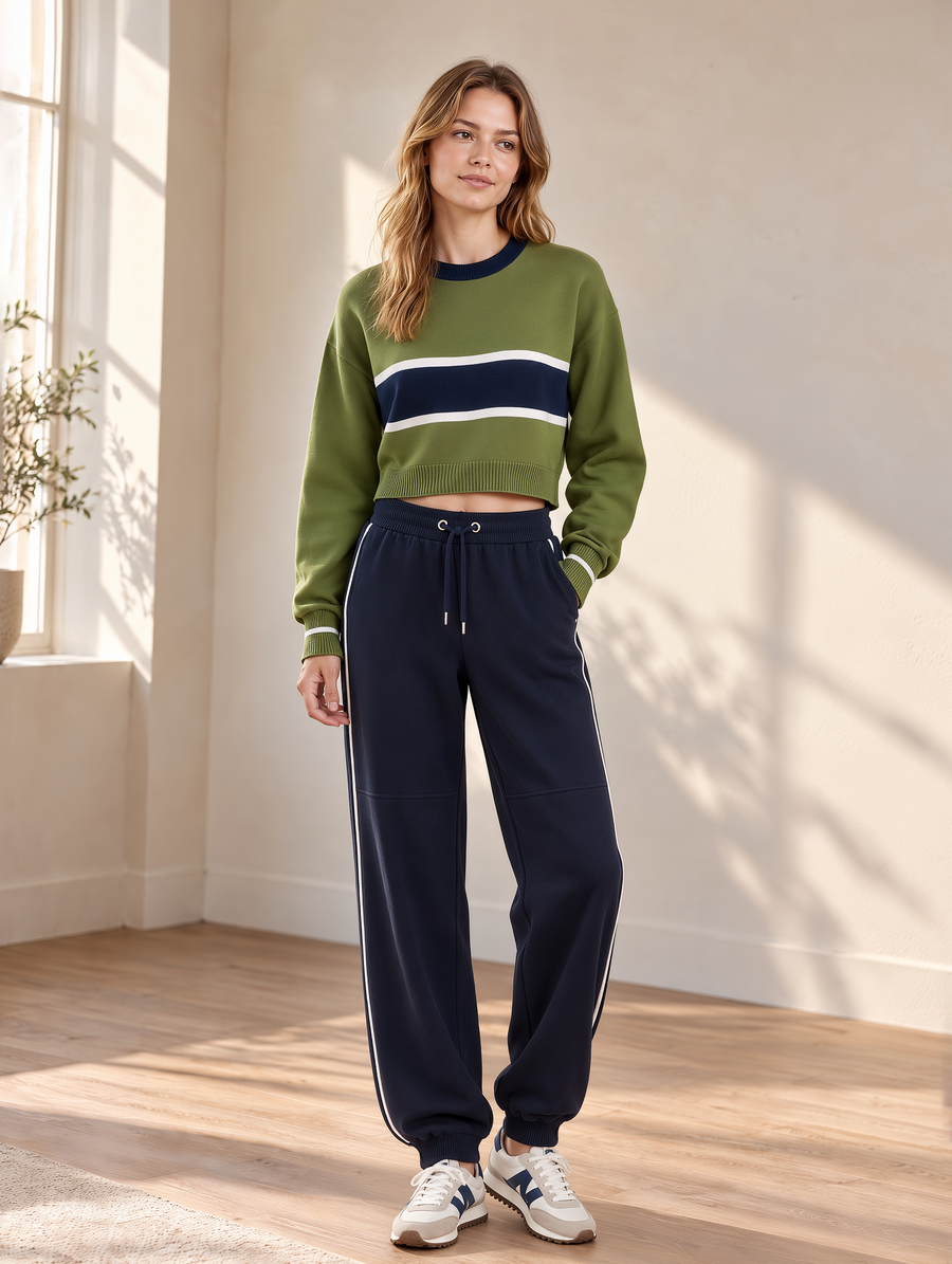 Green Color-block Sweatshirt And Cuffed Joggers Set