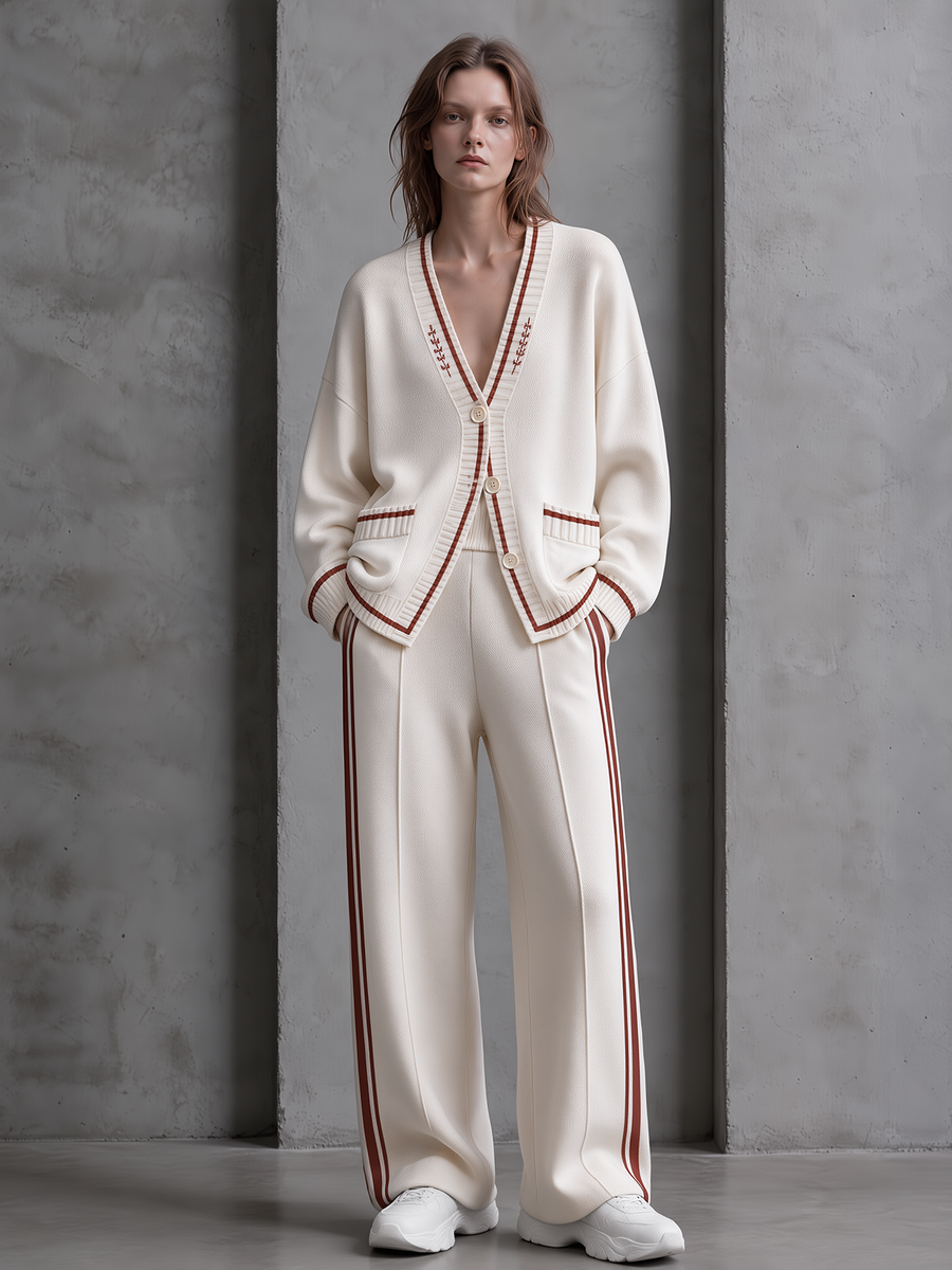 Ivory Varsity V-Neck Cardigan & Wide-Leg Pants Set
