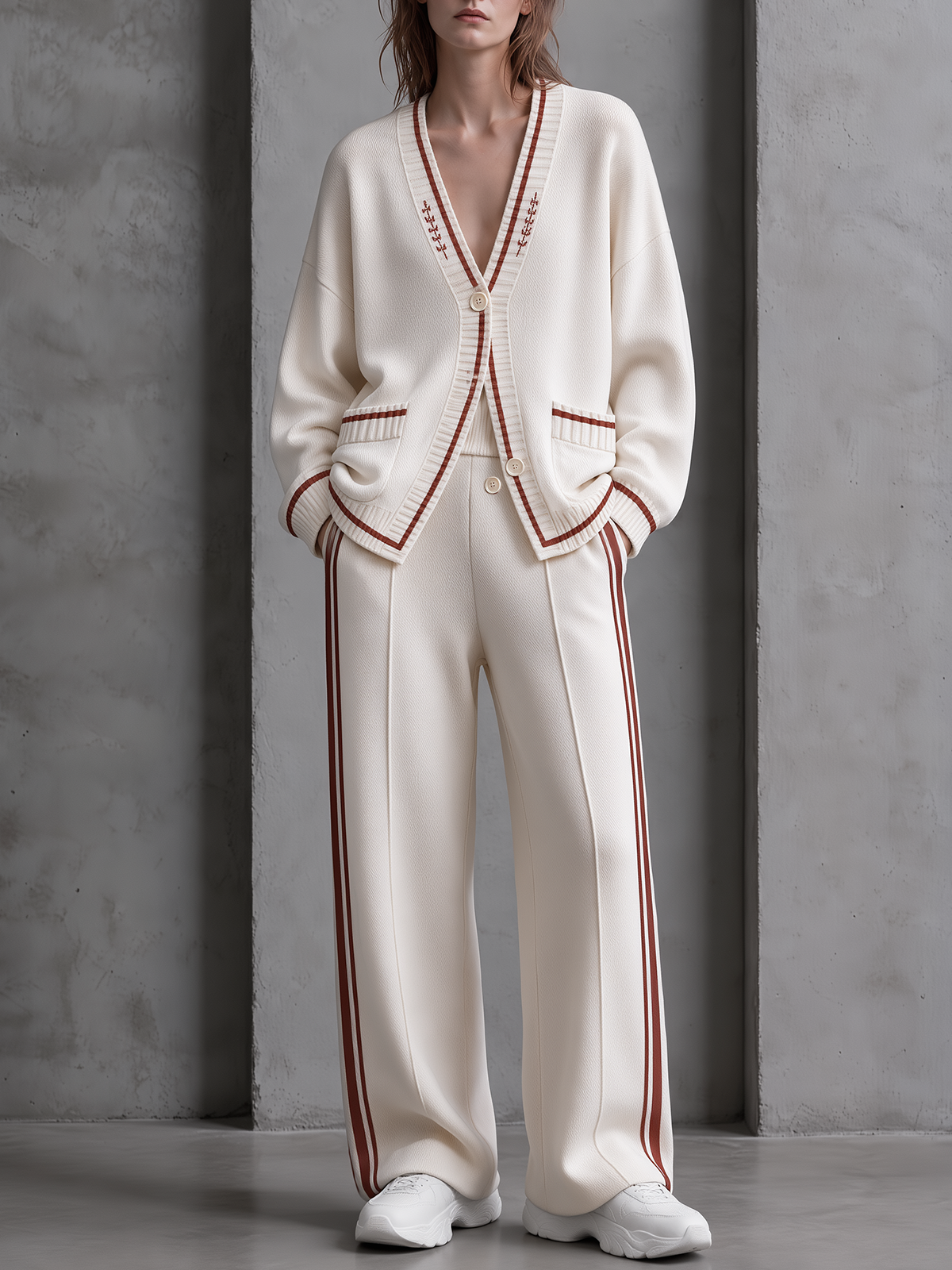Ivory Varsity V-Neck Cardigan & Wide-Leg Pants Set