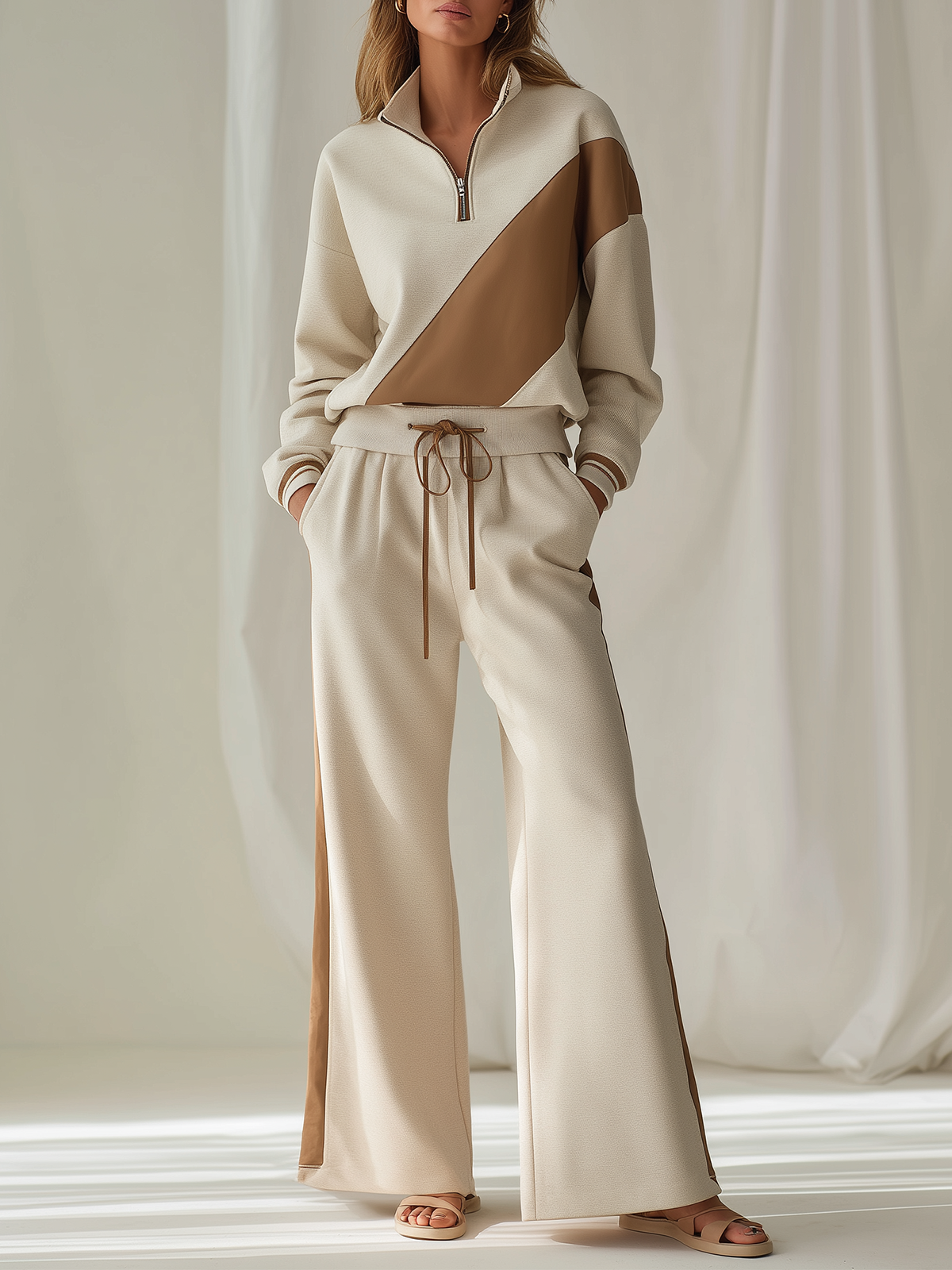 Cream Color-Block Half-Zip Sweatshirt & Wide-Leg Pants Set