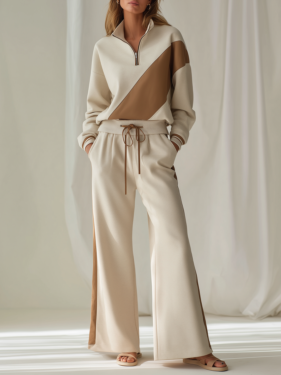Cream Color-Block Half-Zip Sweatshirt & Wide-Leg Pants Set