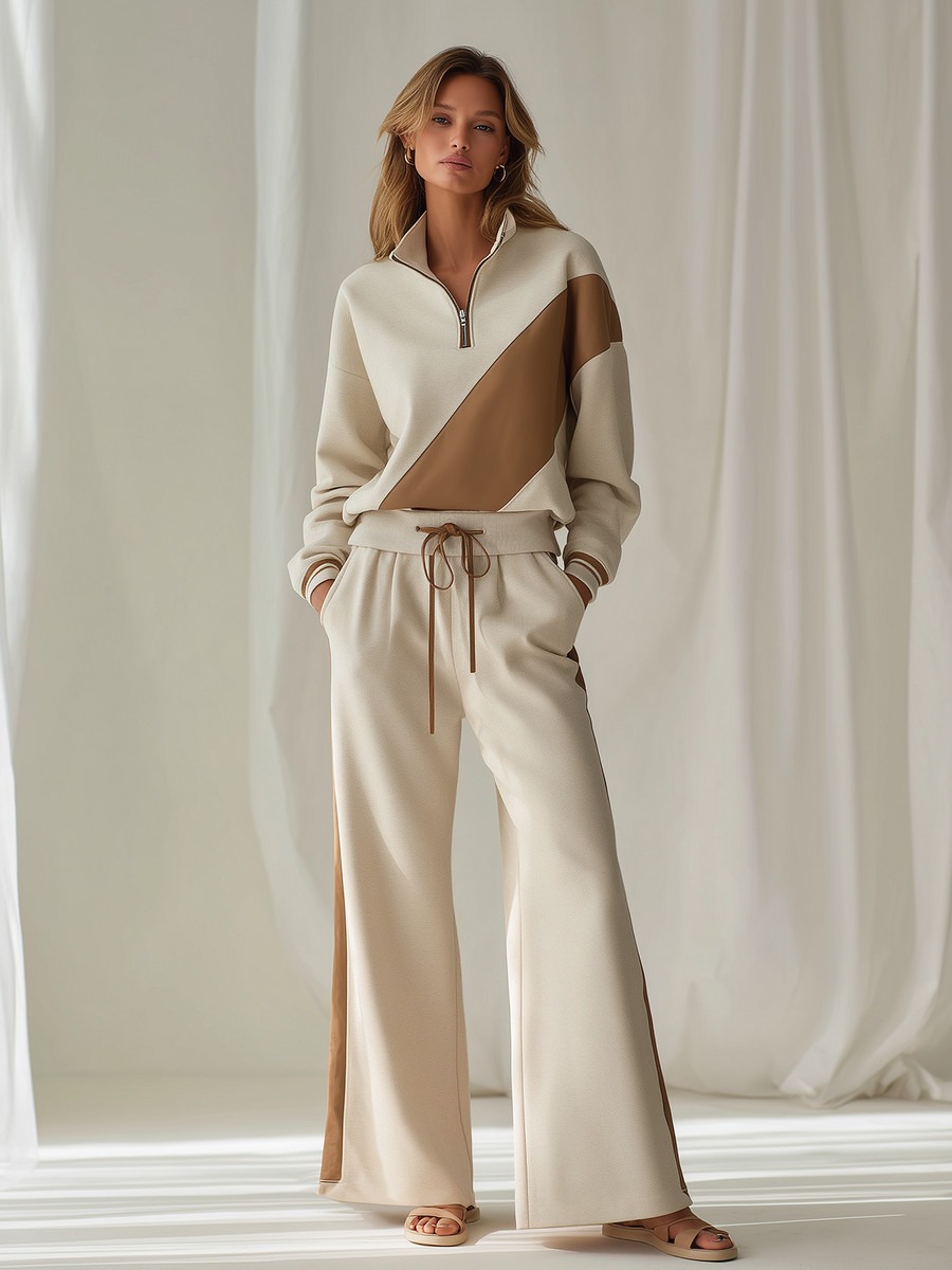 Cream Color-Block Half-Zip Sweatshirt & Wide-Leg Pants Set