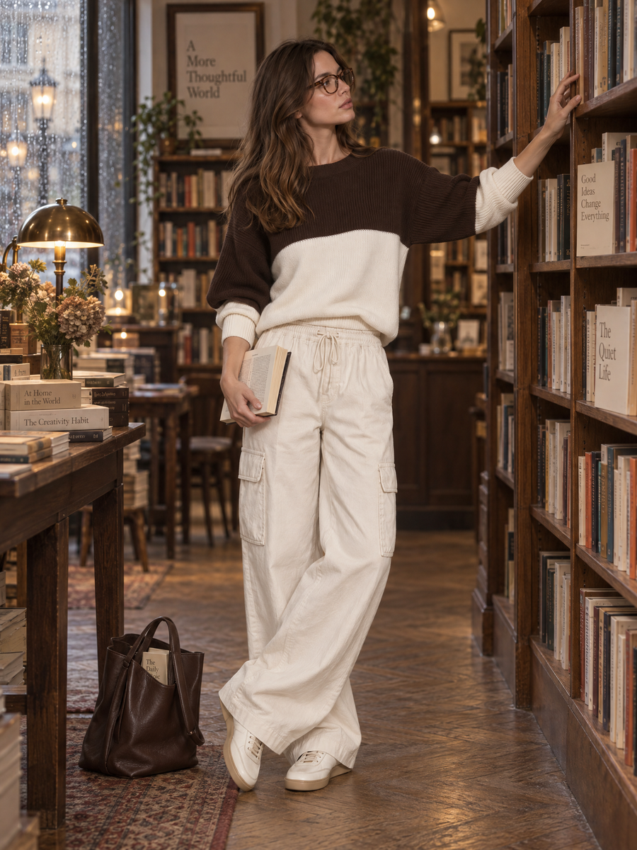 Women's Color-Block Knit Sweater And Utility Wide-Leg Pants Set
