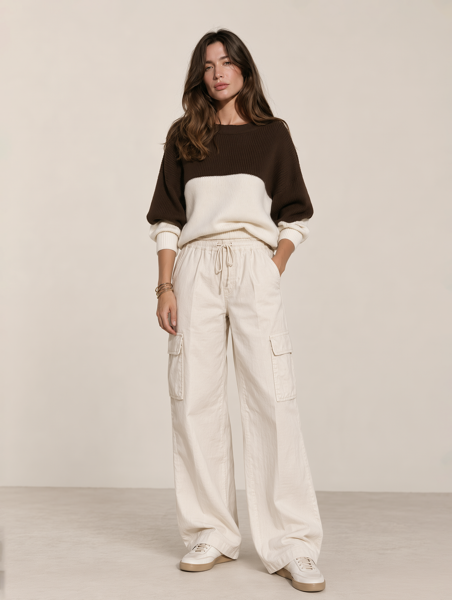 Women's Color-Block Knit Sweater And Utility Wide-Leg Pants Set