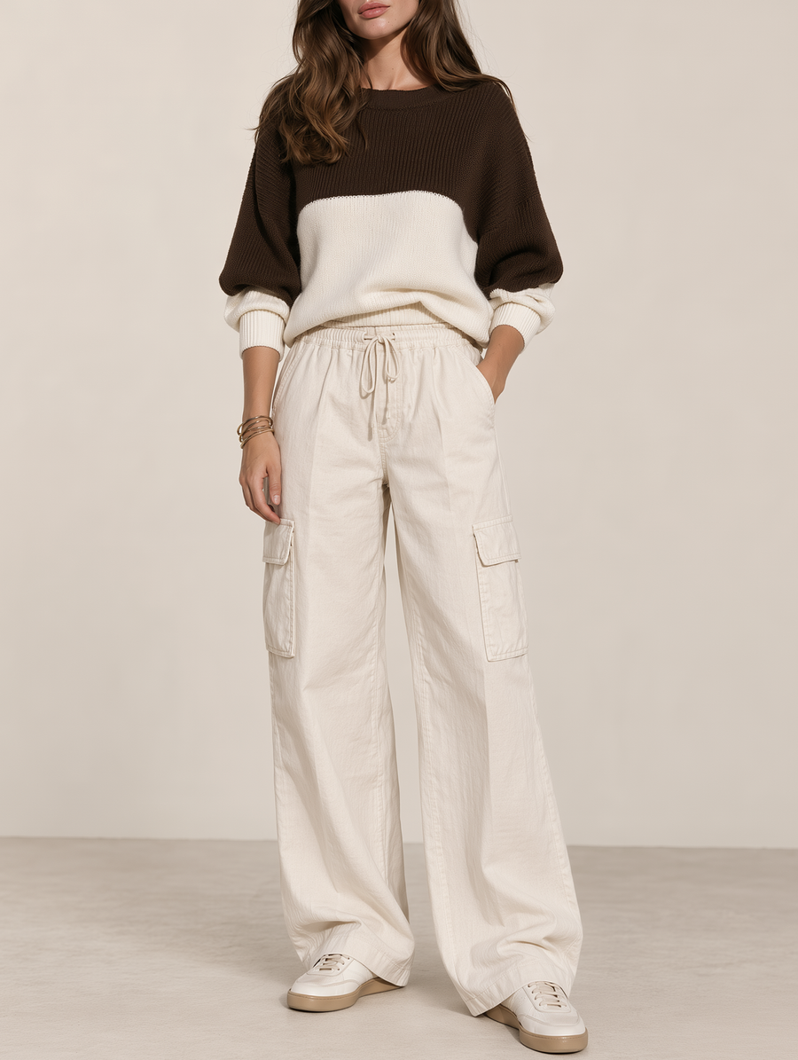 Women's Color-Block Knit Sweater And Utility Wide-Leg Pants Set