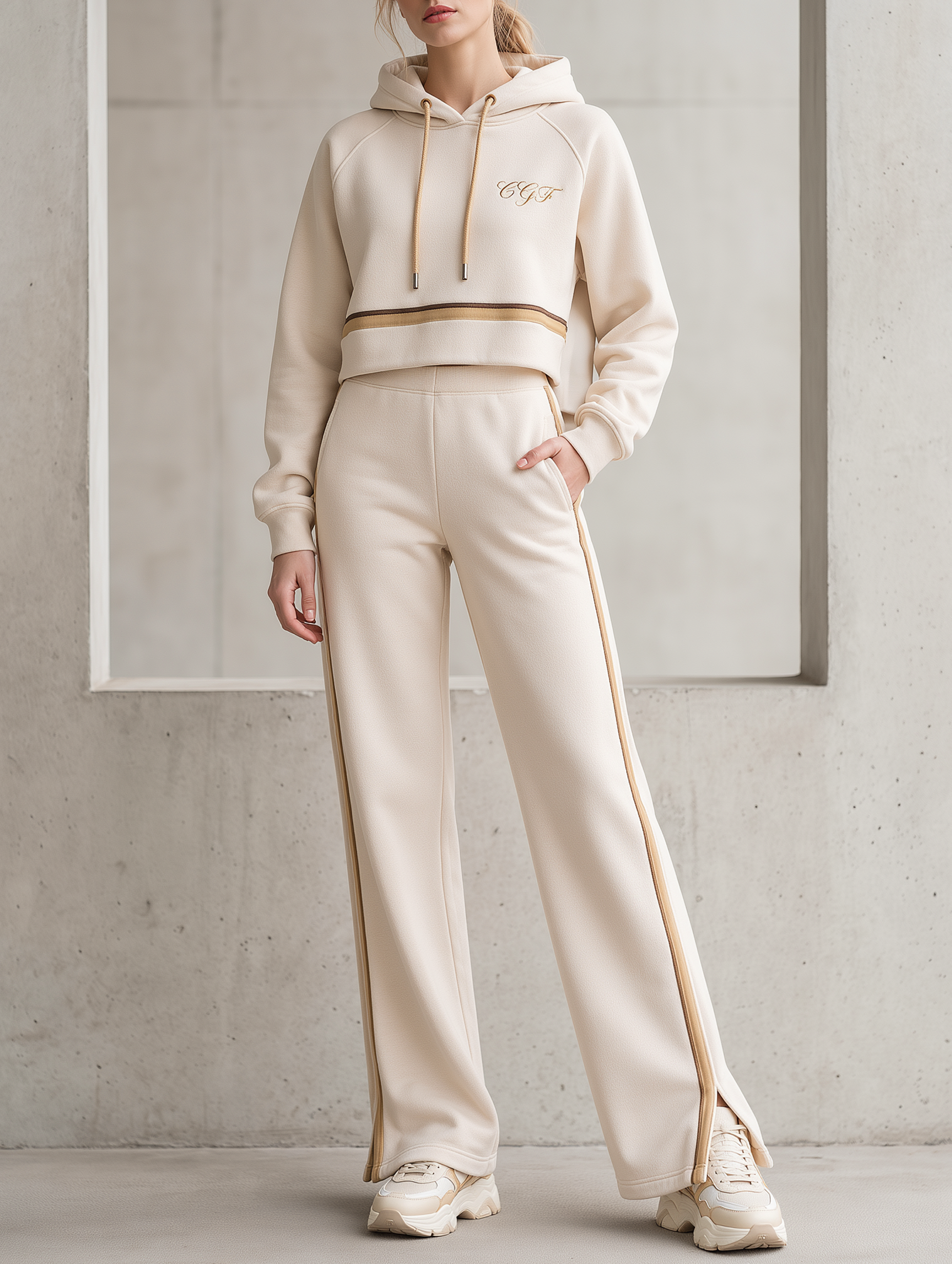 Beige hooded sweatshirt and casual trousers set