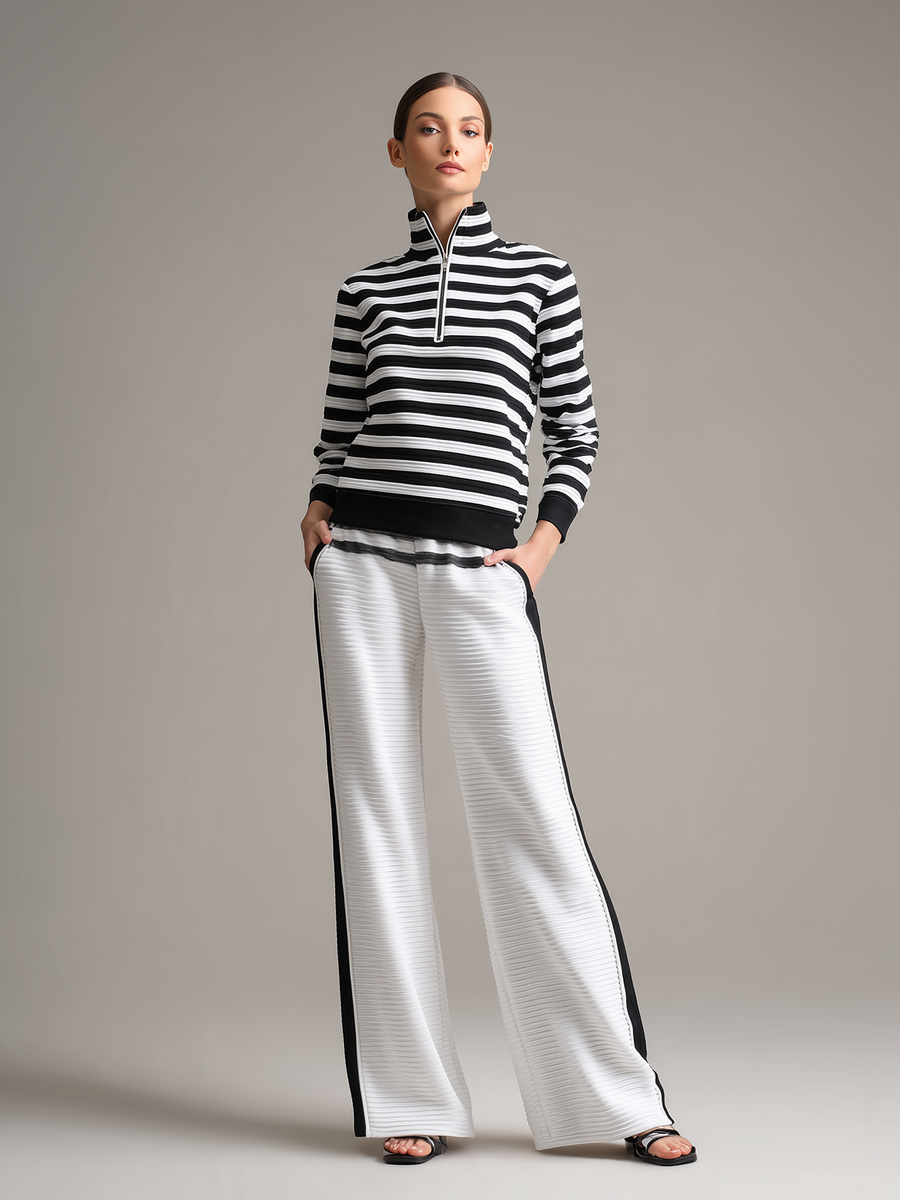 Black & White Striped Half-Zip Top & Wide-Leg Pants Set