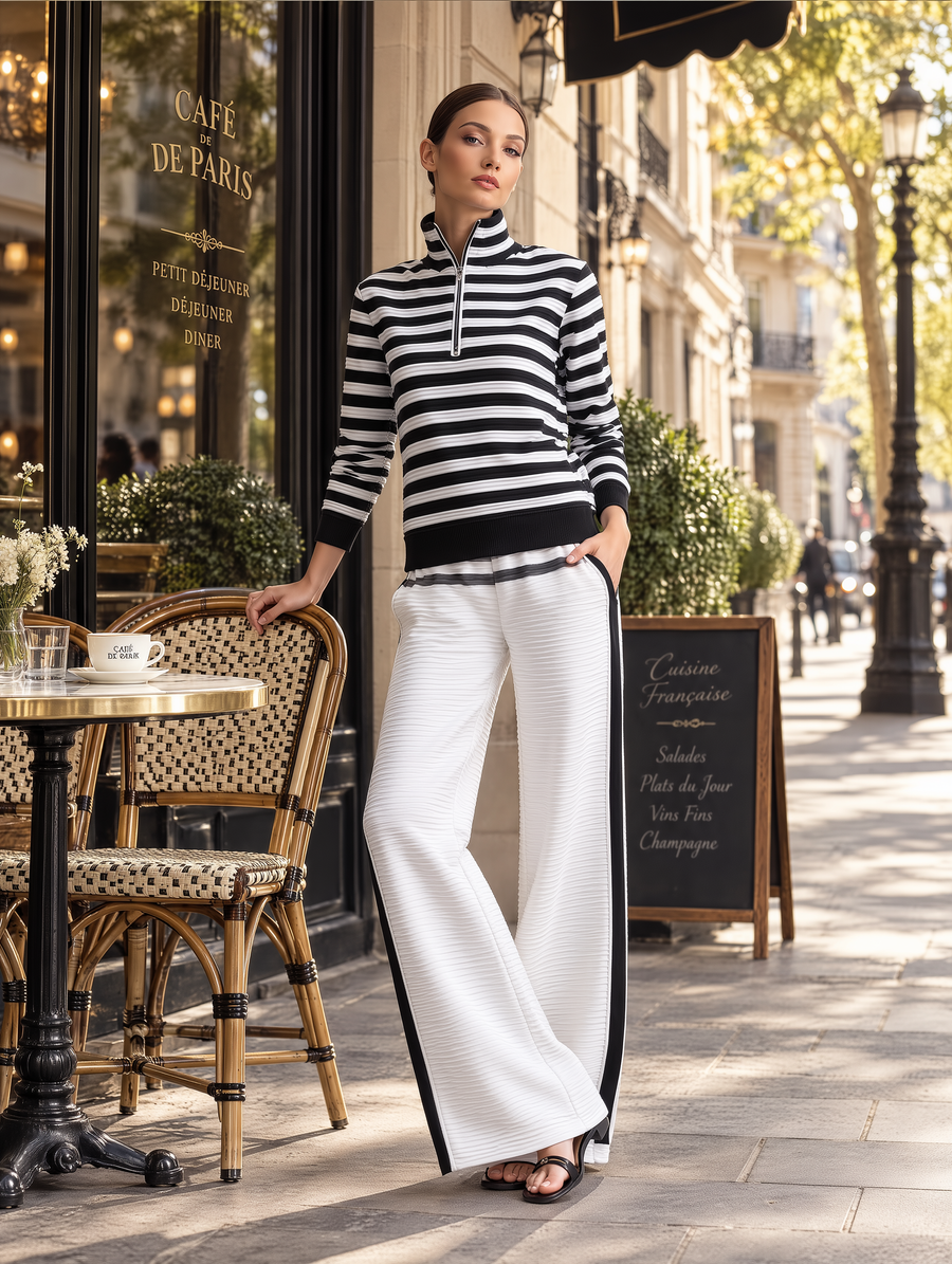 Black & White Striped Half-Zip Top & Wide-Leg Pants Set