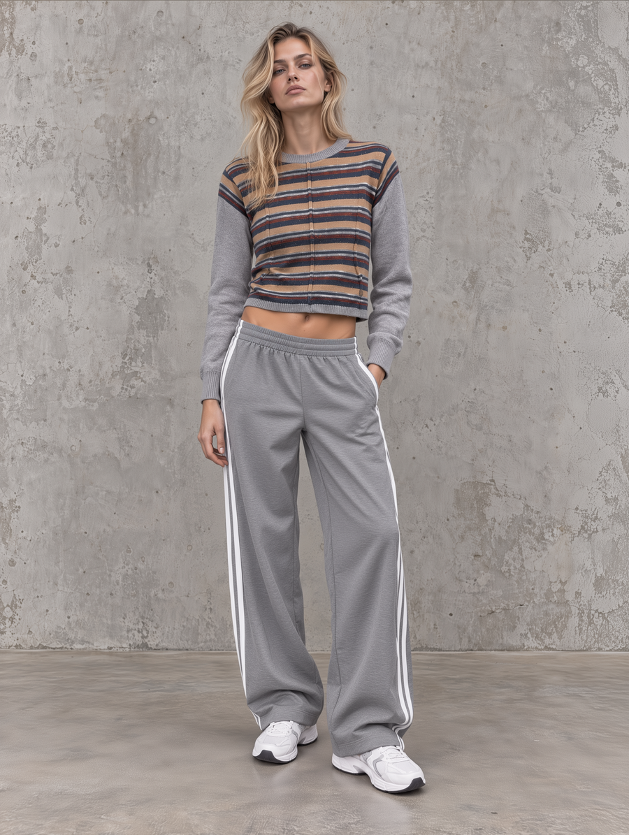 Striped Crop Knit & Grey Side-stripe Wide-leg Set