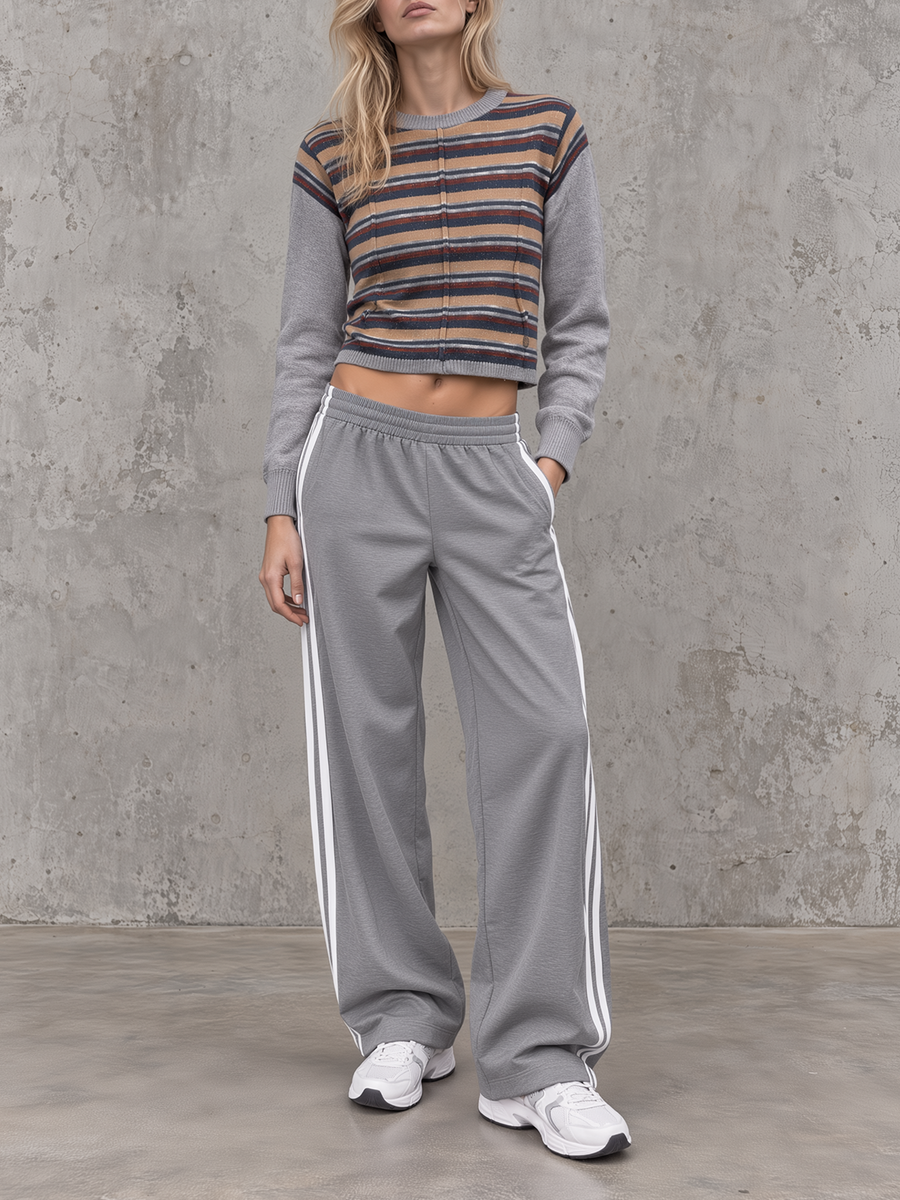 Striped Crop Knit & Grey Side-stripe Wide-leg Set