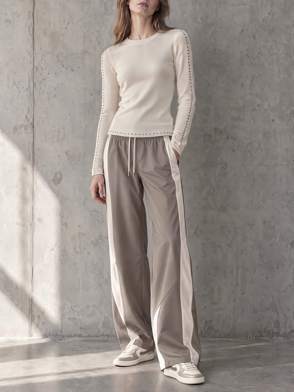 Ivory Knit Top & Taupe Side-stripe Wide-leg Set