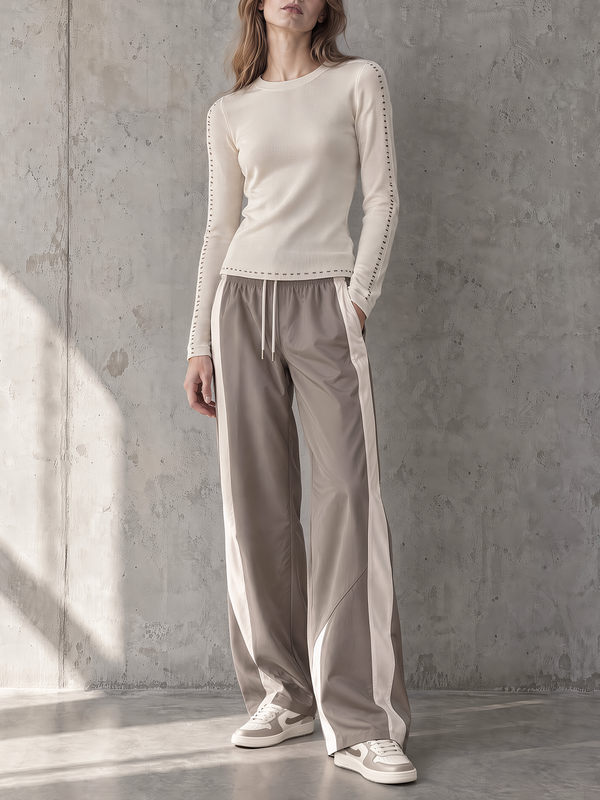 Ivory Knit Top & Taupe Side-stripe Wide-leg Set