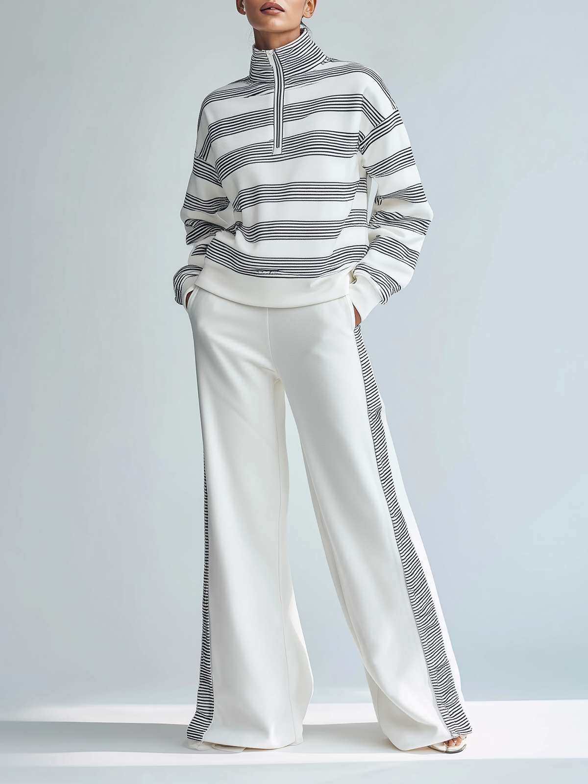 Striped Half-zip Sweatshirt & Wide-leg Pants Set