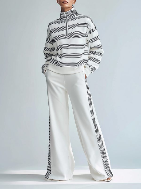 Striped Half-zip Sweatshirt & Wide-leg Pants Set