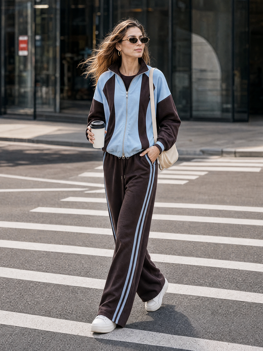 Light Blue And Brown Stand-collar Zip-up Casual Jacket