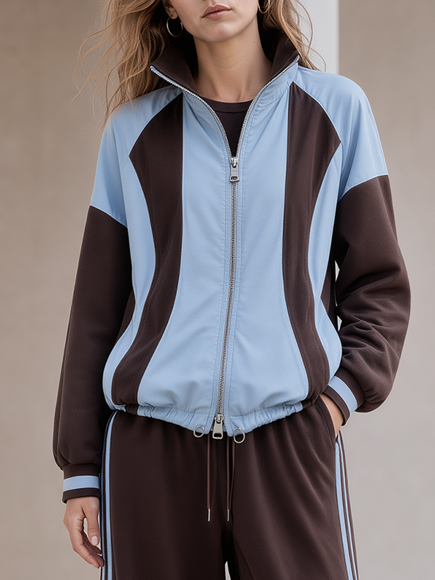 Light Blue And Brown Stand-collar Zip-up Casual Jacket