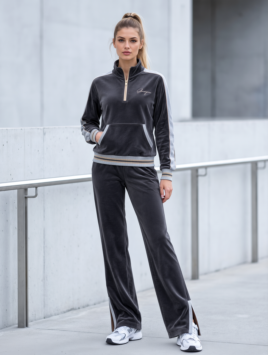 Women's Velvet Half-Zip Tracksuit Set with Contrast Stripes