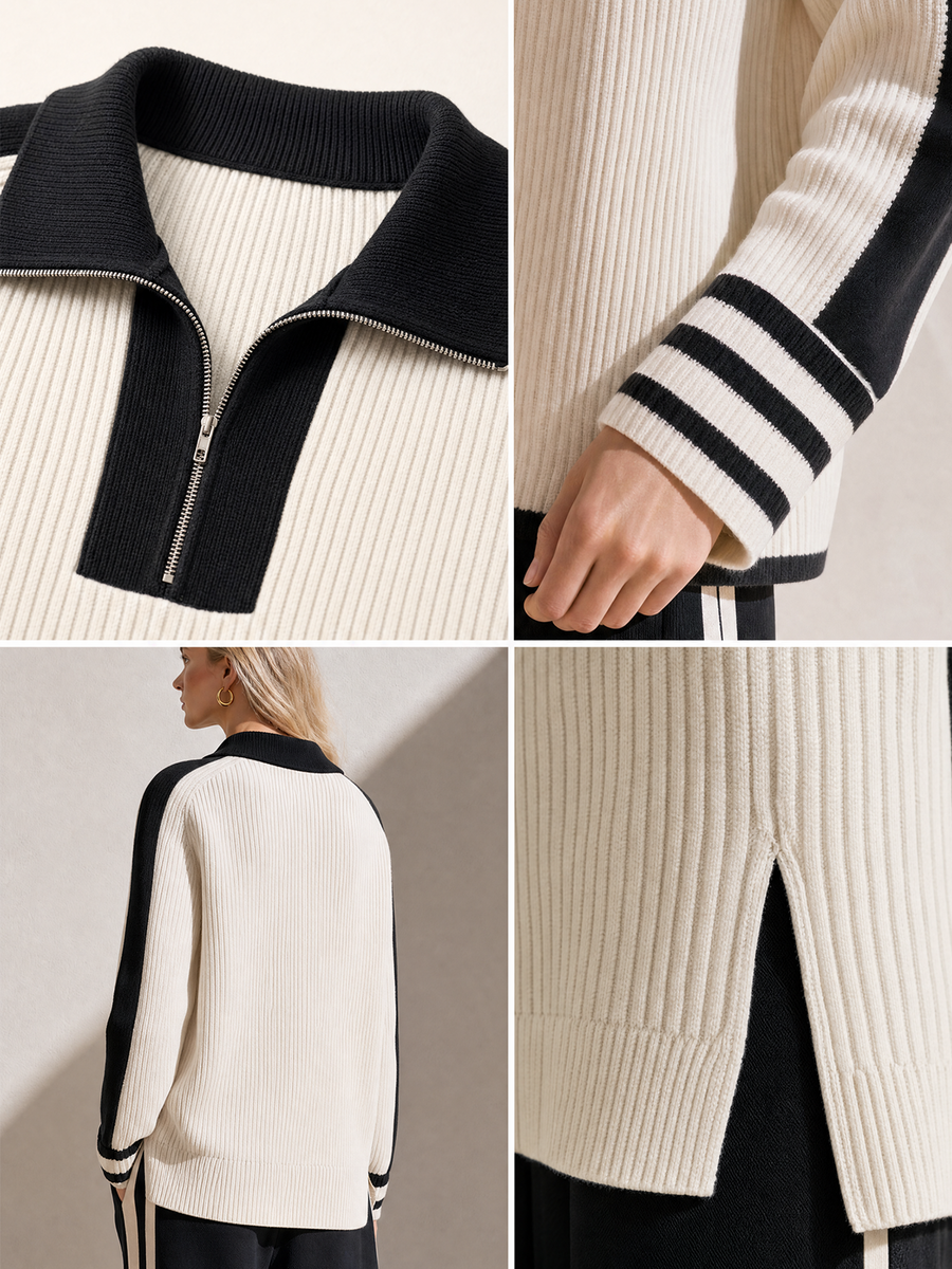 Black And White Color-block Half-zip Knit Top And Pocketed Wide-leg Set