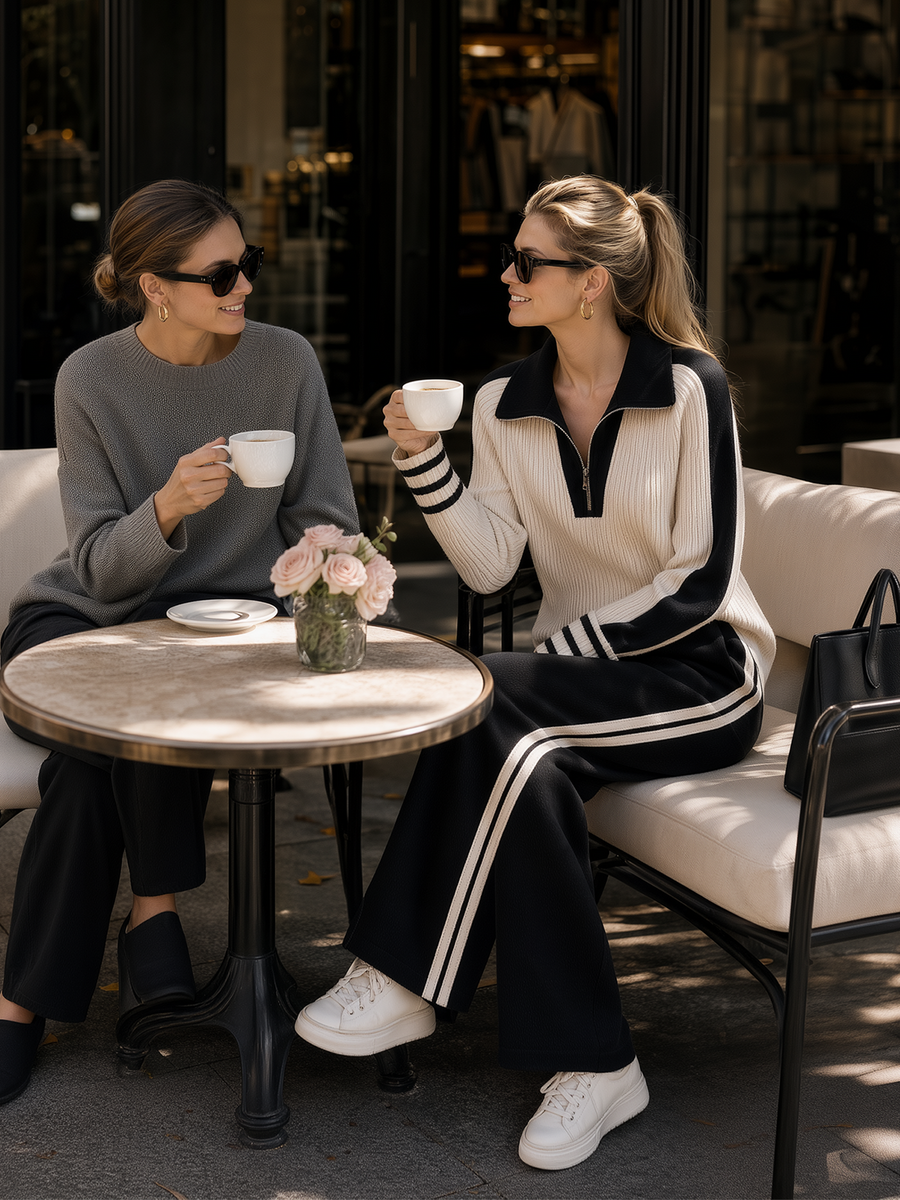 Black And White Color-block Half-zip Knit Top And Pocketed Wide-leg Set
