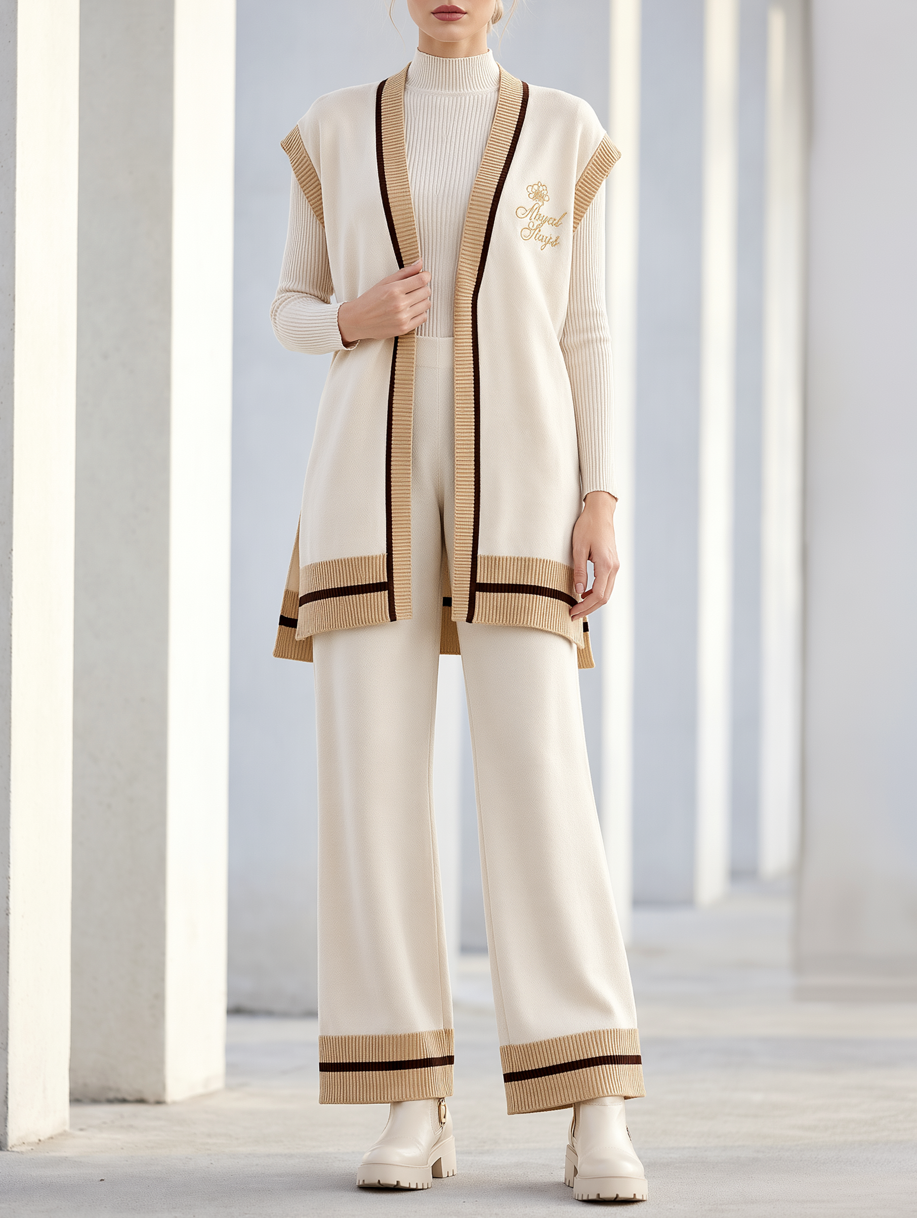 Women's Embroidered Sleeveless Cardigan And Pants Set