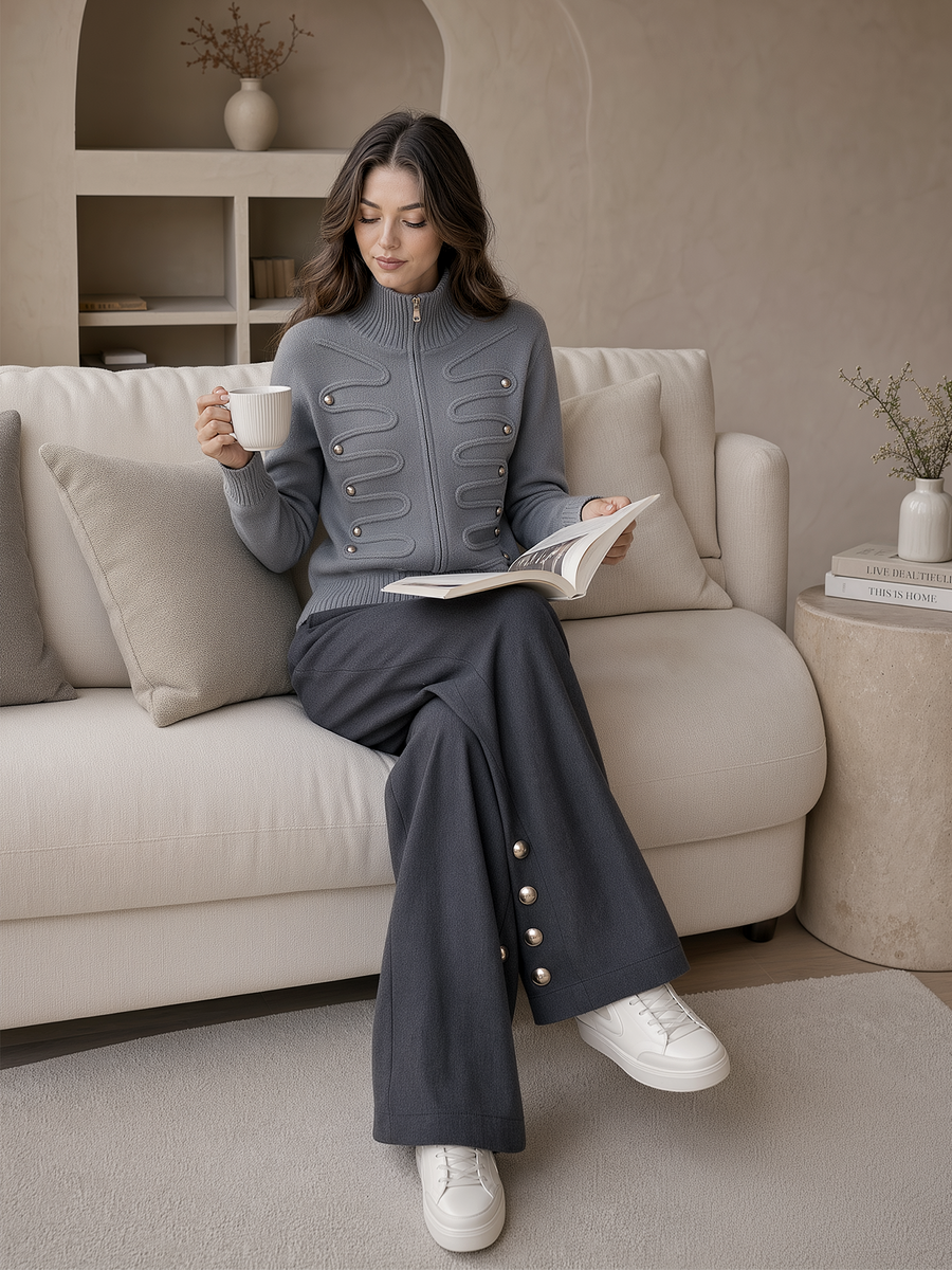 Grey Stand-collar Zip-up Knit Cardigan And Dark Grey Wide-leg Trousers Set