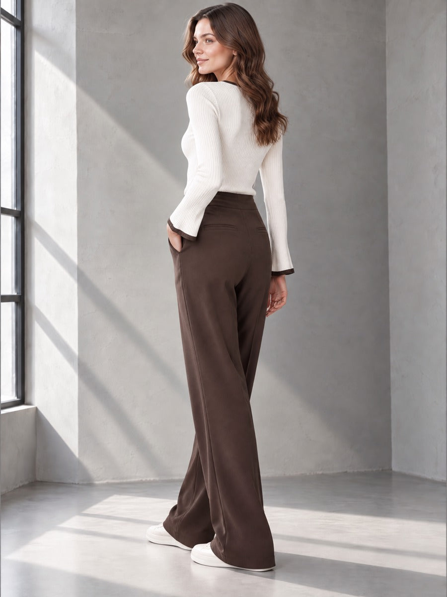 Fitted Flared-sleeve Base Layer And Tie-waist Wide-leg Trousers Set