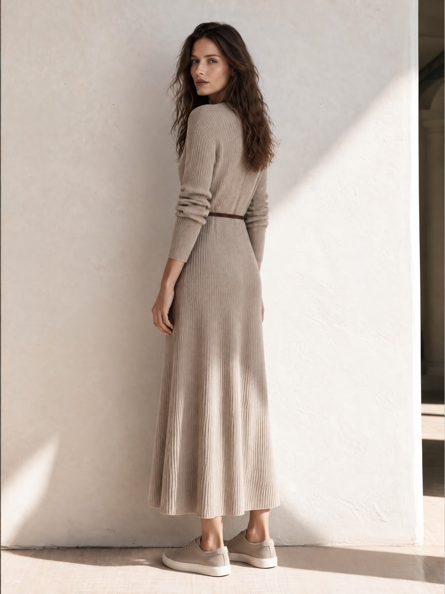 Khaki Long-line Knitted Sweater Dress With Tie-waist Detail