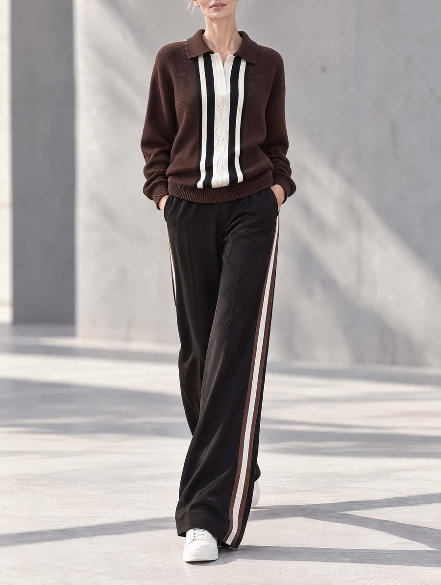 Stylish Casual Brown Color-Block Lapel Long-Sleeve Sweater And Black Trousers Set
