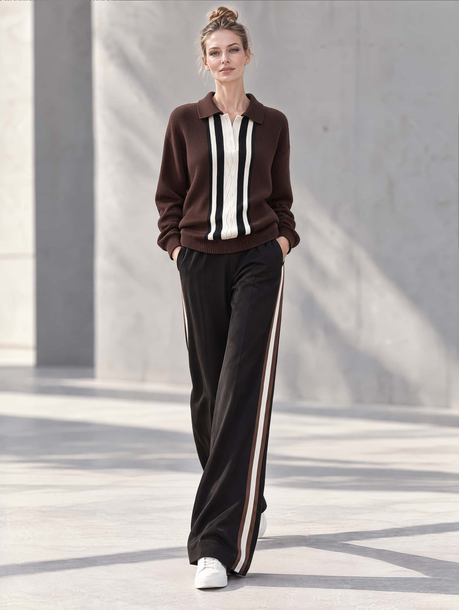 Stylish Casual Brown Color-Block Lapel Long-Sleeve Sweater And Black Trousers Set