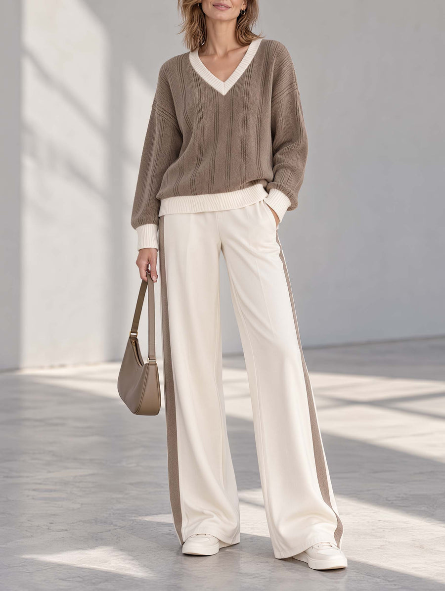 Chic And Soft-Style Khaki V-Neck Color-Block Long-Sleeve Sweater And Wide-Leg Pants Set