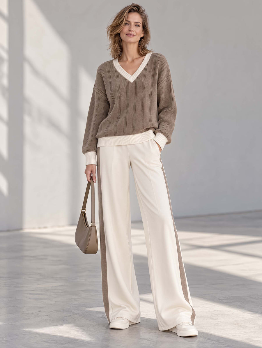 Chic And Soft-Style Khaki V-Neck Color-Block Long-Sleeve Sweater And Wide-Leg Pants Set