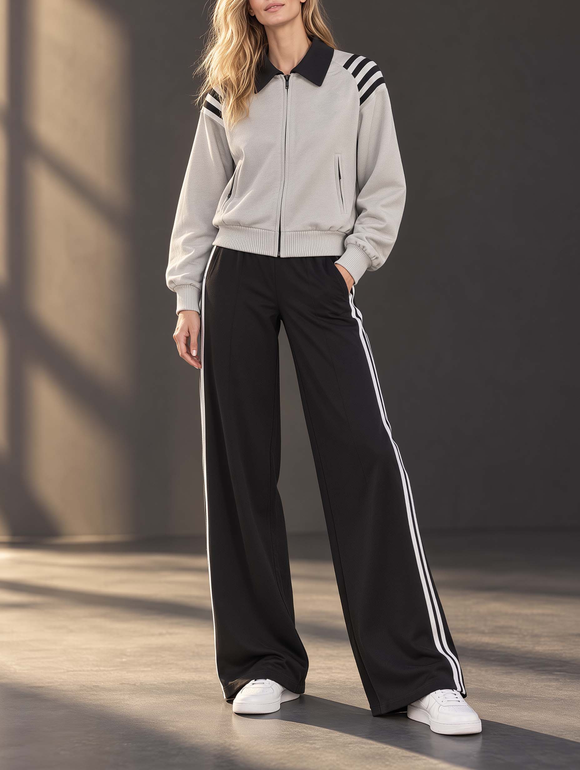 Grey And Black Color-block Long-sleeve Collared Jacket And Wide-leg Trousers Set