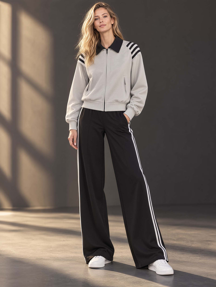 Grey And Black Color-block Long-sleeve Collared Jacket And Wide-leg Trousers Set