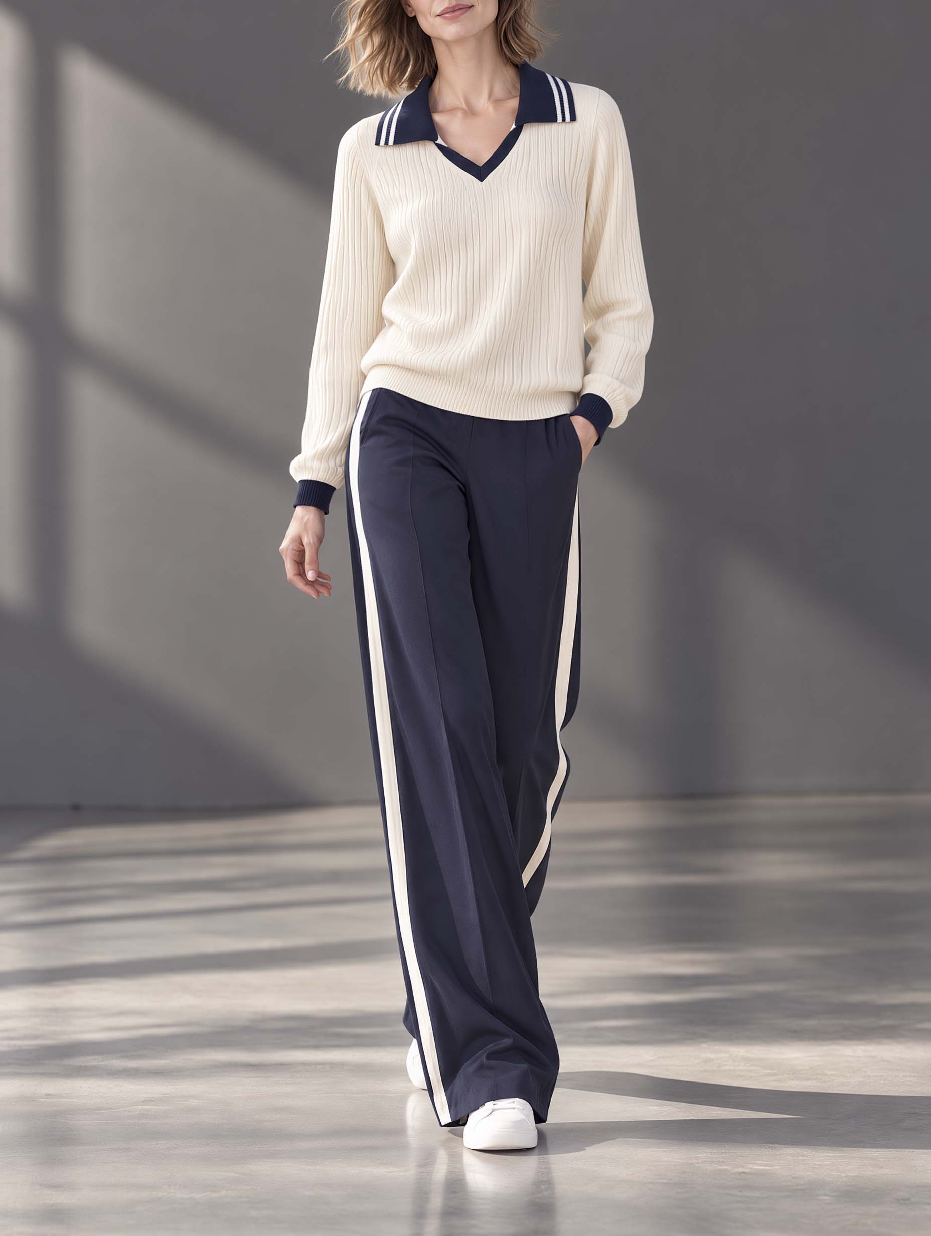 Off-white And Navy Color-block V-neck Long-sleeve Top And Trousers Set