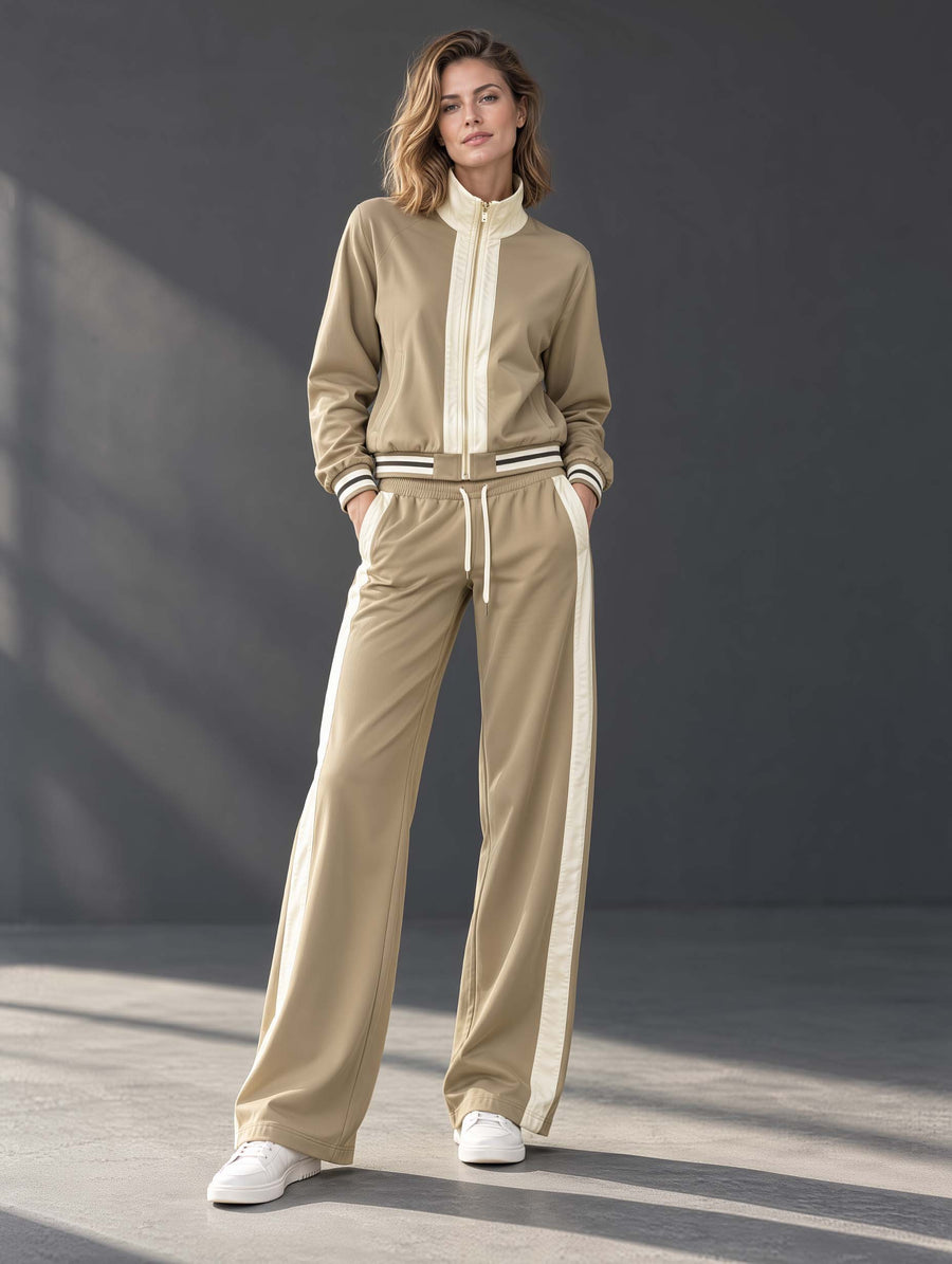 Stylish Long-sleeved Jacket And Trousers Set In A Khaki And Off-white Color-block Design