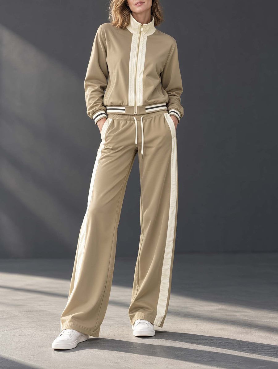 Stylish Long-sleeved Jacket And Trousers Set In A Khaki And Off-white Color-block Design