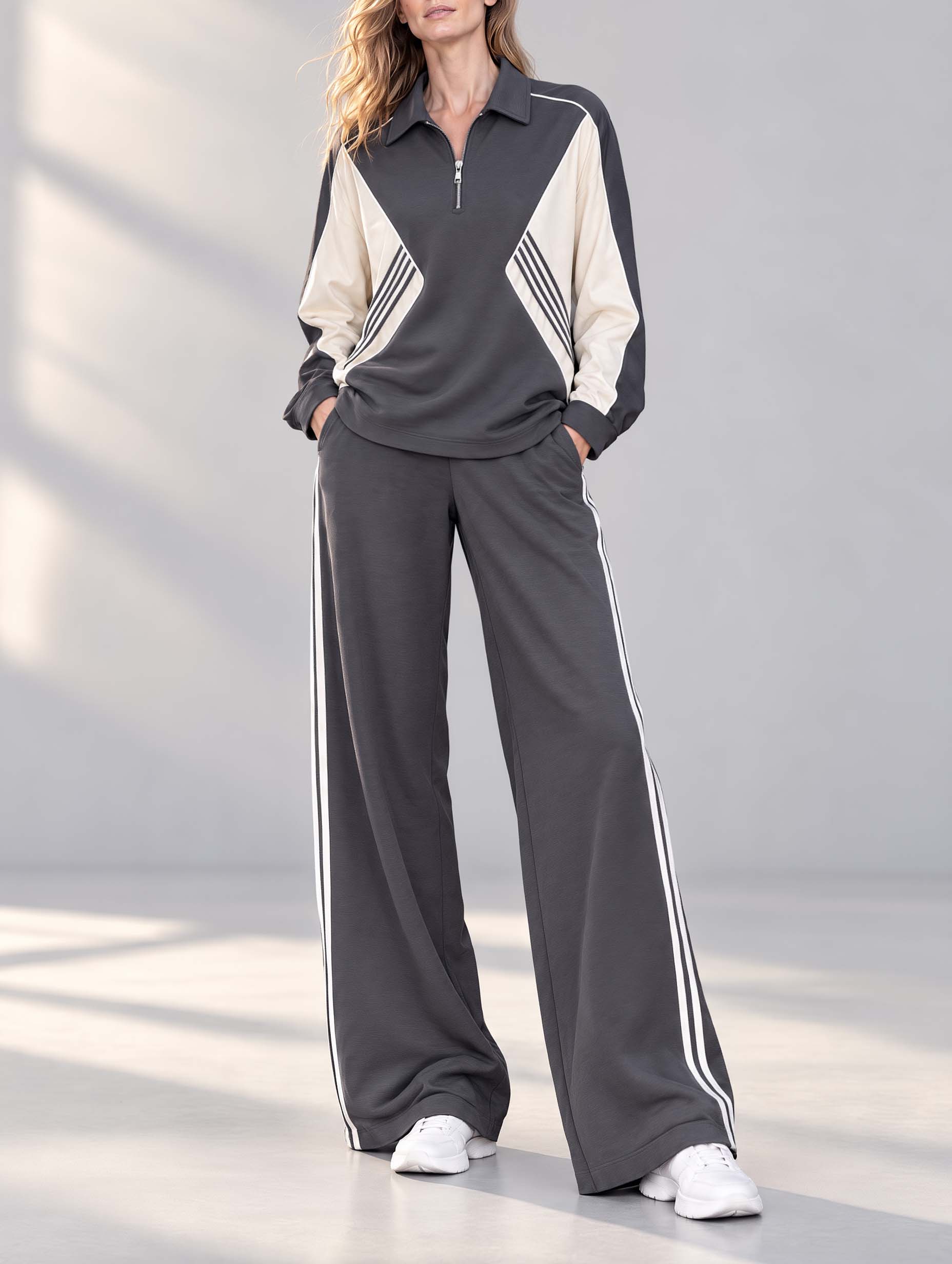 Athleisure-style Dark Grey Color-block Long-sleeve Top With Half-zip Collar And Wide-leg Pants Set