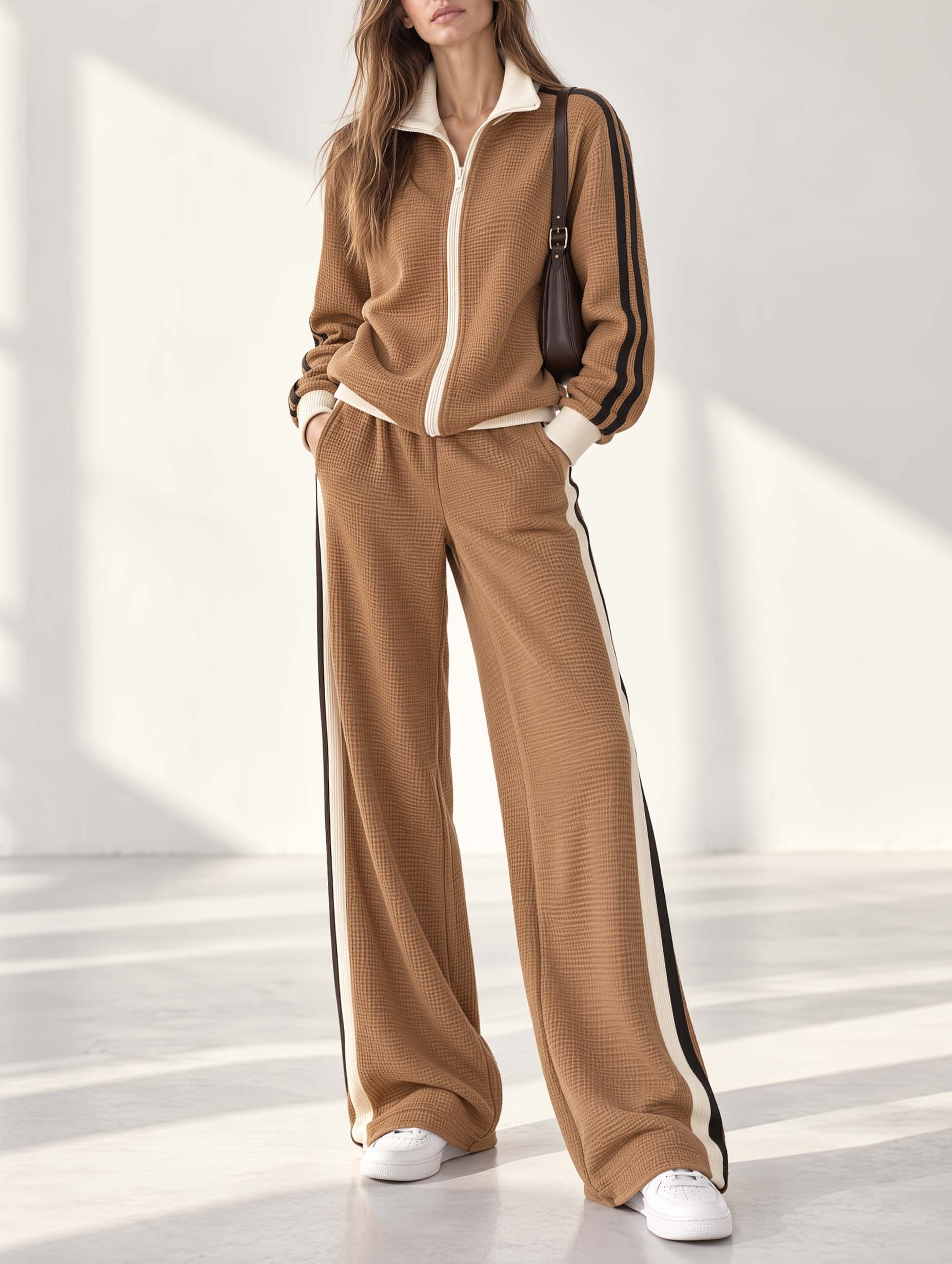Caramel-brown Color-block Waffle-knit Long-sleeve Jacket And Wide-leg Trousers Set