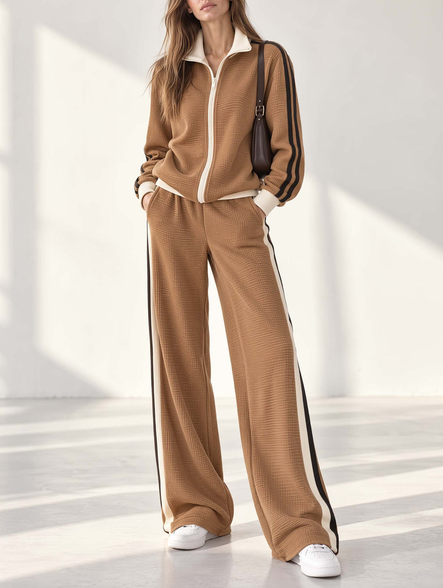 Caramel-brown Color-block Waffle-knit Long-sleeve Jacket And Wide-leg Trousers Set