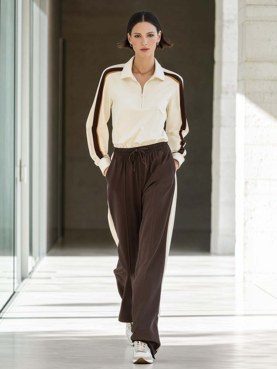 Off-white Half-zip Color-block Top And Brown Wide-leg Trousers Set