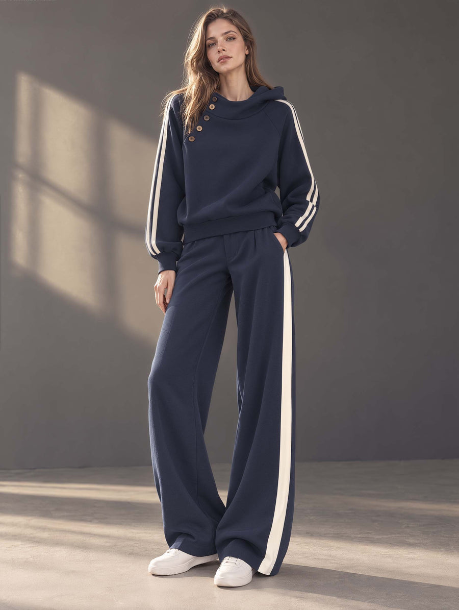Stylish And Casual Navy Blue Long-sleeve Hooded Sweatshirt And Wide-leg Pants Set
