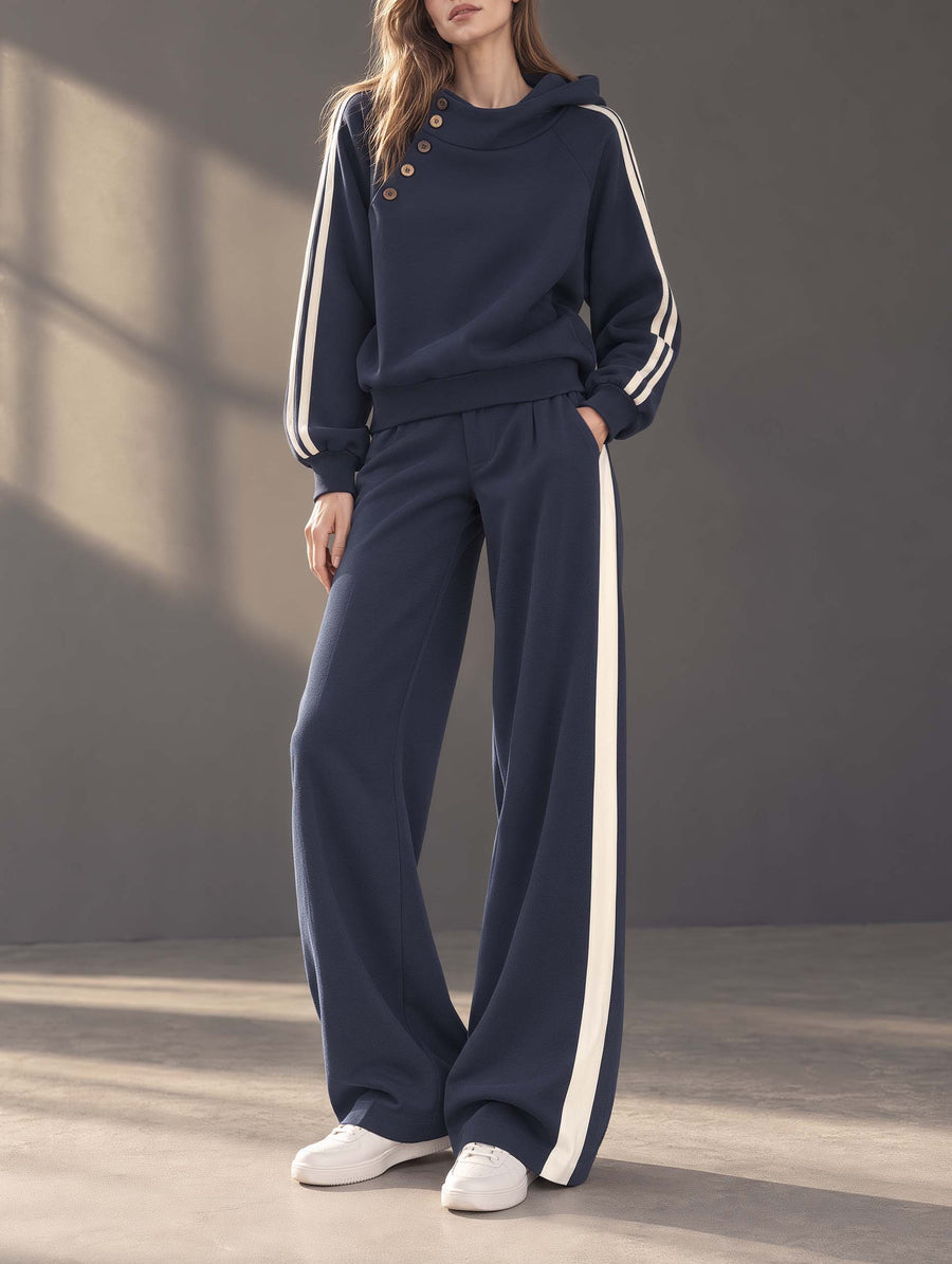 Stylish And Casual Navy Blue Long-sleeve Hooded Sweatshirt And Wide-leg Pants Set