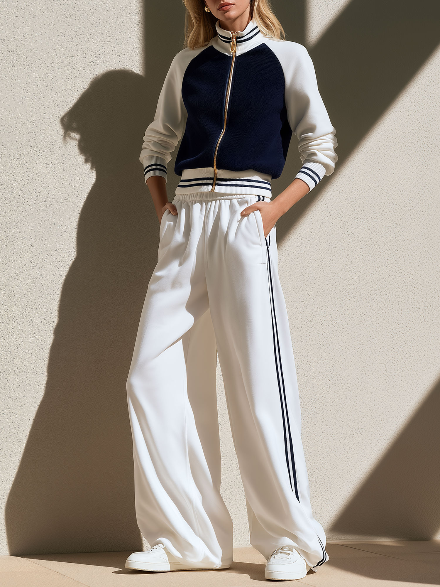 White And Navy Raglan-sleeve Zip-up Jacket And Wide-leg Trousers Set