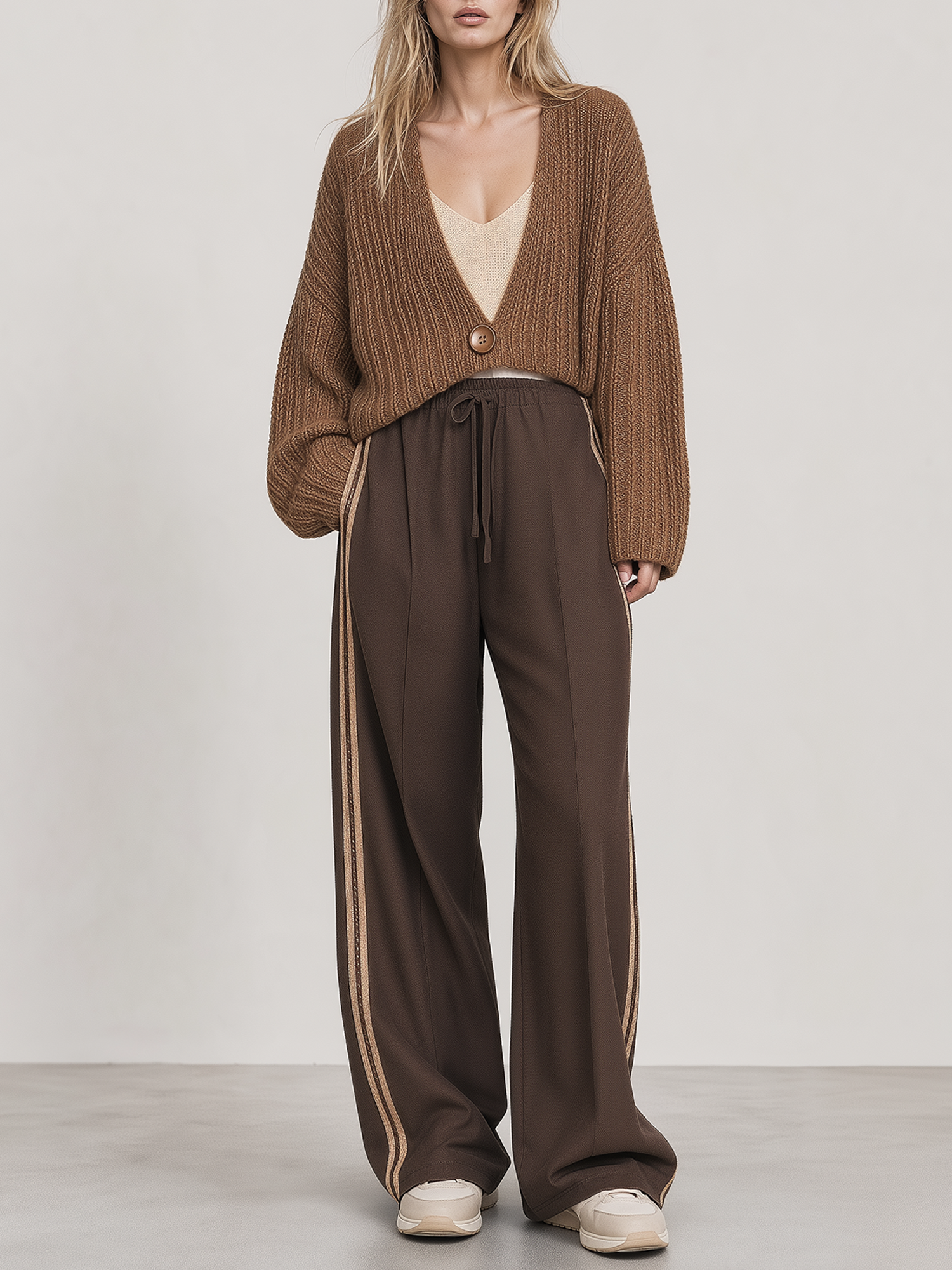 Brown Deep V-neck Knitted Cardigan And Wide-leg Trousers Set