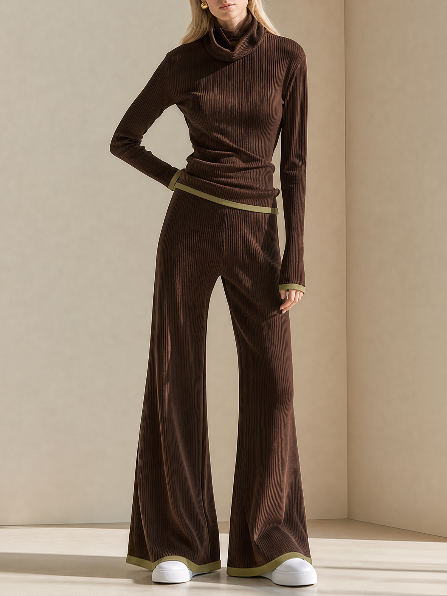 Dark Brown Ribbed High-neck Top And Light Green Piped Flared Trousers Set