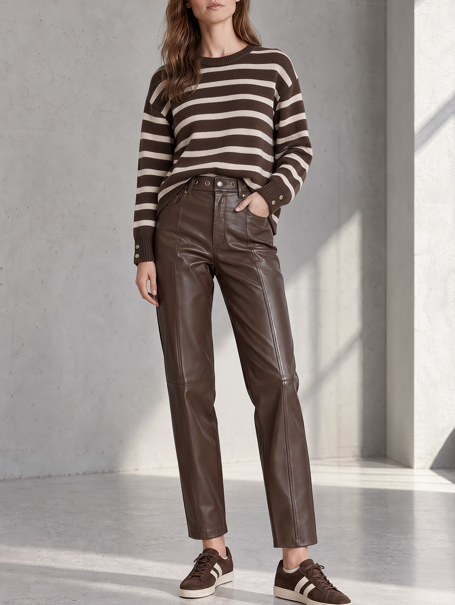 Brown Striped Knit Sweater And Faux-leather Stretch Trousers Set
