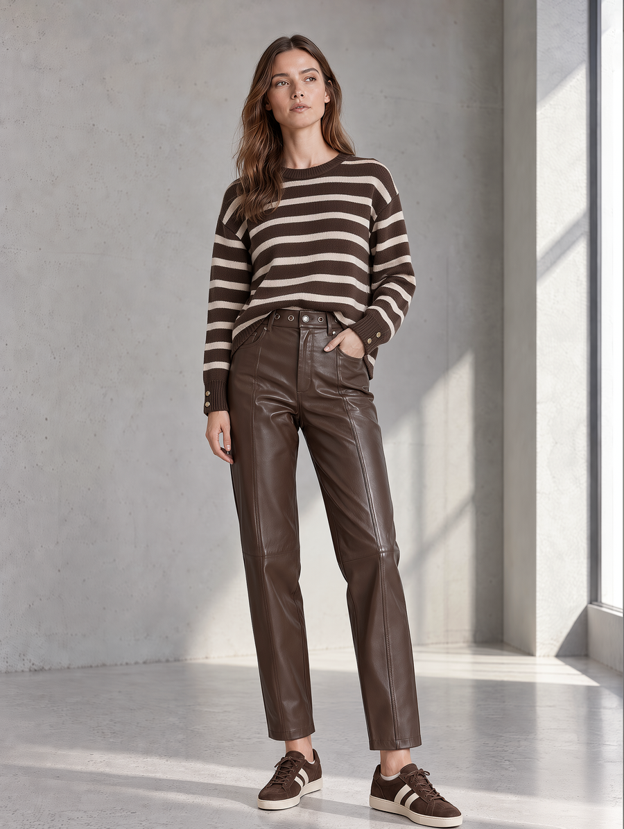 Brown Striped Knit Sweater And Faux-leather Stretch Trousers Set