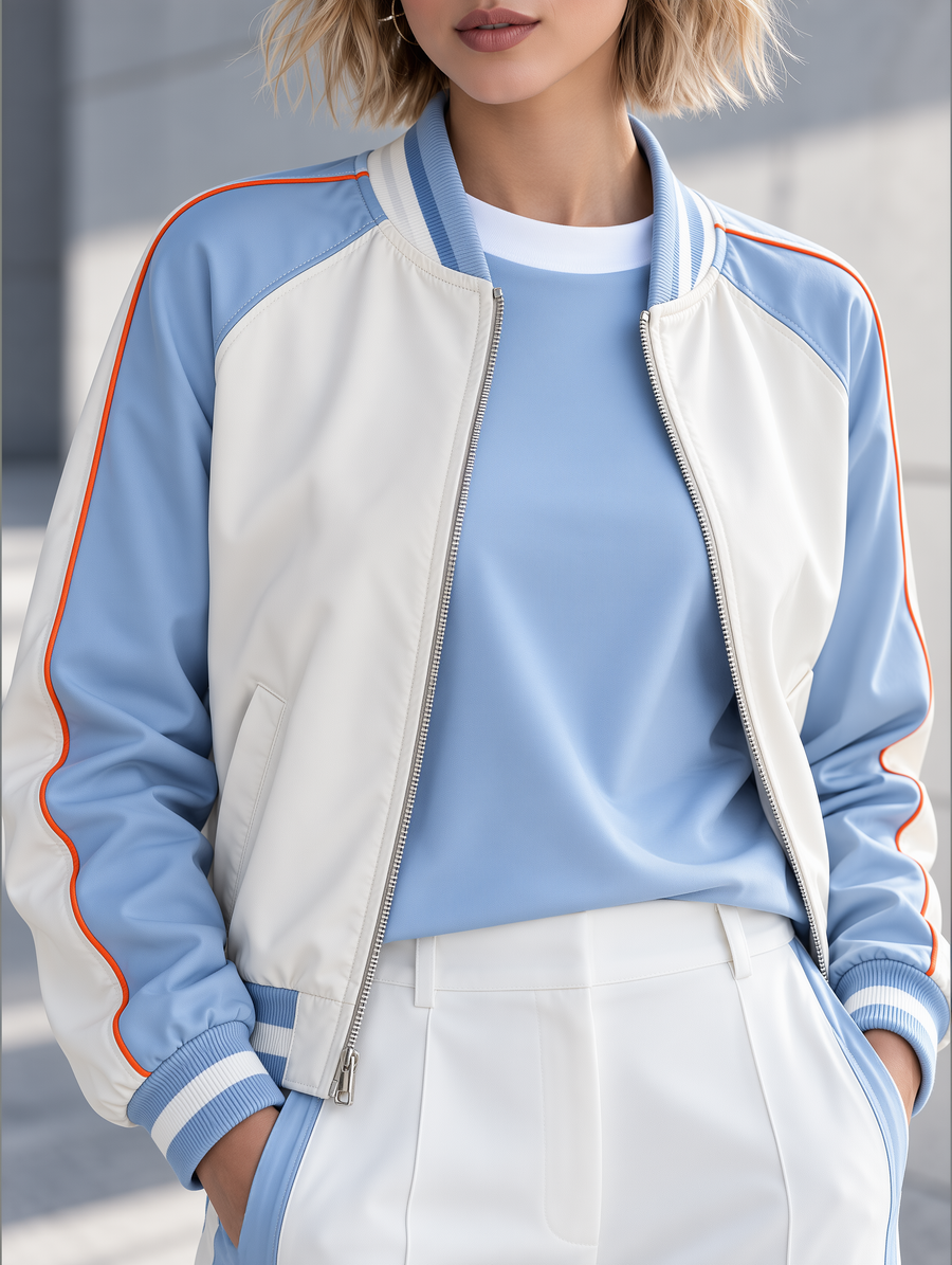 Women's Blue Color-Block Zip-Up Baseball Jacket