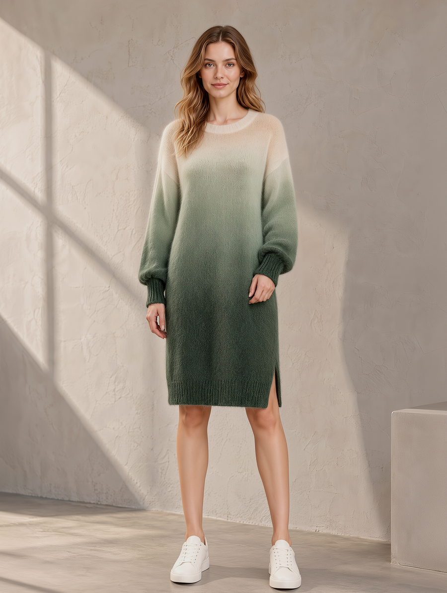 Green Ombré Midi-Length Knitted Dress With Side Slits