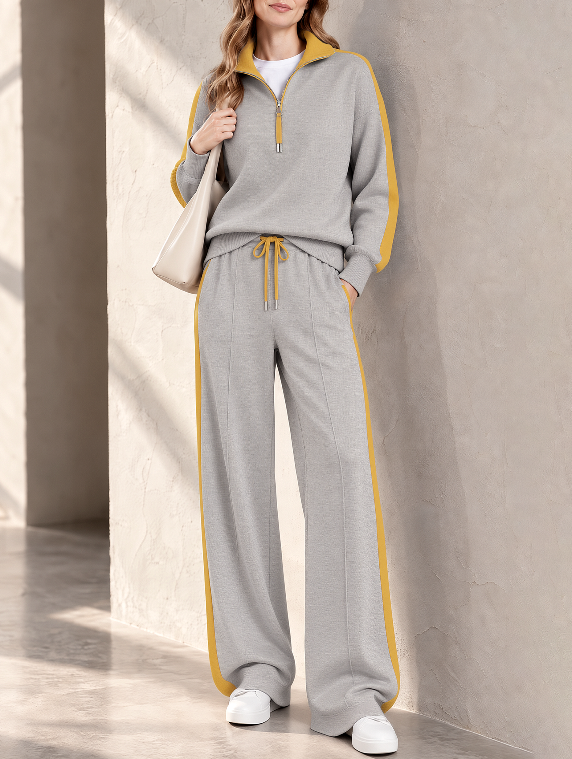Grey Half-zip Sweatshirt And Wide-leg Sweatpants Set